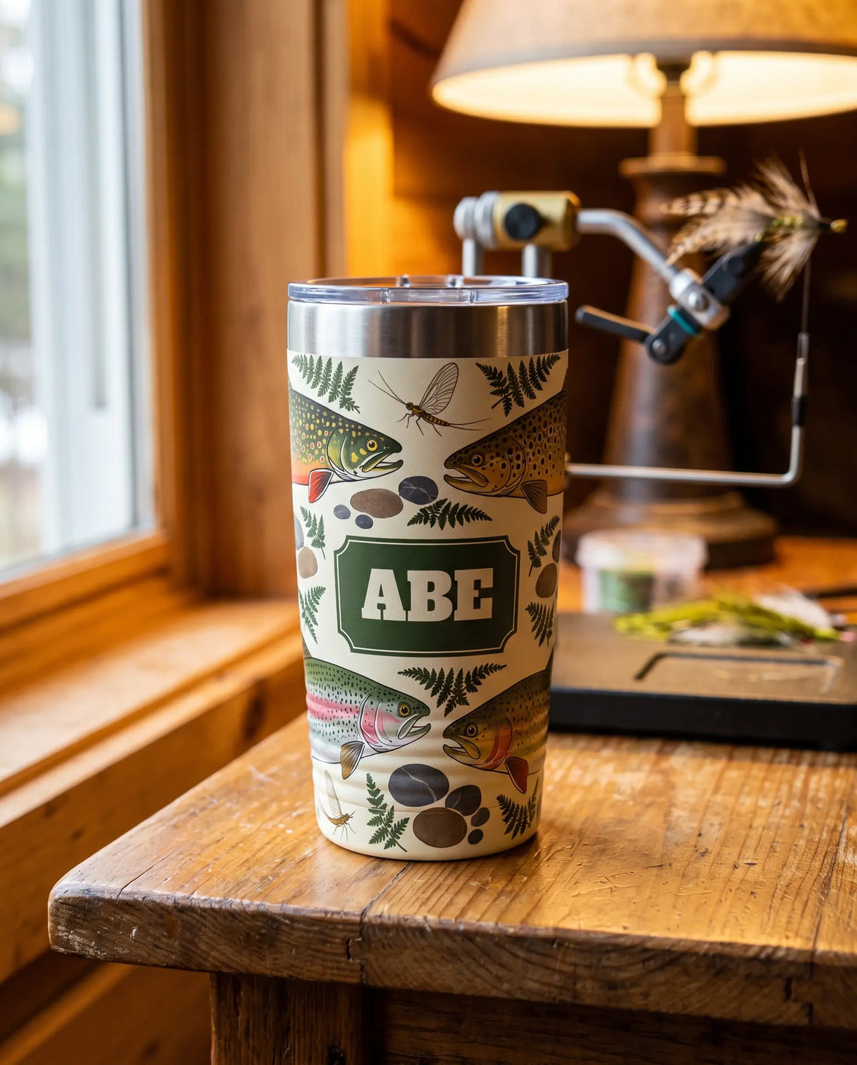 Field Guide Trout art printed all the way around a 20oz Ringneck tumbler, sample name ABE