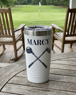 Engraved-Look Clubhouse art printed around a 20oz Ringneck tumbler in White, sample name MARCY