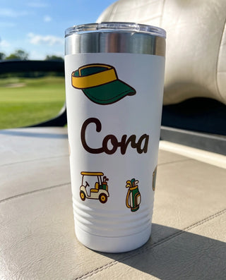 Retro Clubhouse Stickers art printed around a 20oz Ringneck tumbler in White, sample name CORA