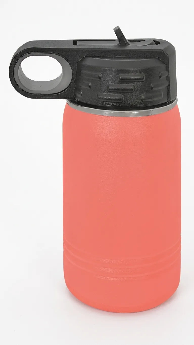 Hand-held Coral 12oz Water Bottle in a Pomelli setting