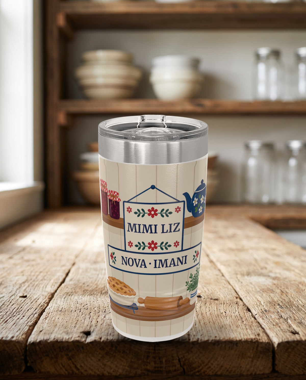 Kitchen Shelf, a kitchen shelf scene in red, blue, cream, green and wood brown, printed all the way around a 20oz Ringneck tumbler in White, sample name MIMI LIZ
