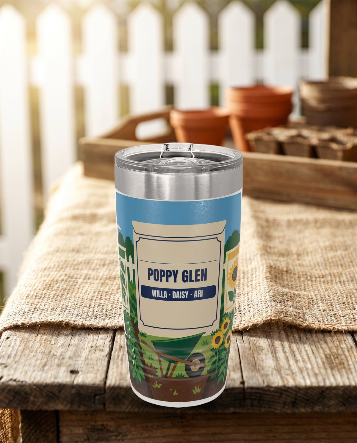 Seed Packets, a vegetable garden and seed packets in green, red, gold, brown and blue, printed all the way around a 20oz Ringneck tumbler in White, sample name POPPY GLEN