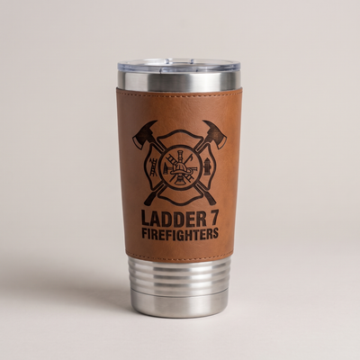 20oz Two-Tone Leatherette Tumbler with a custom laser-engraved leatherette logo, studio photo | Karved Concepts