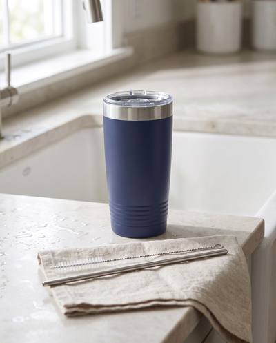 Straw cleaning brush on a linen towel beside a navy 20oz Ringneck tumbler at the kitchen sink