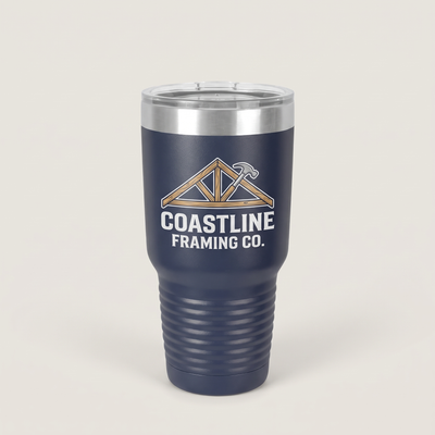 30oz Ringneck Tumbler, UV printed with a sample business logo (studio photo)