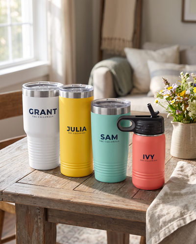 Family set of four cups named Grant, Julia, Sam and Ivy in white, yellow, teal and coral on a farmhouse table