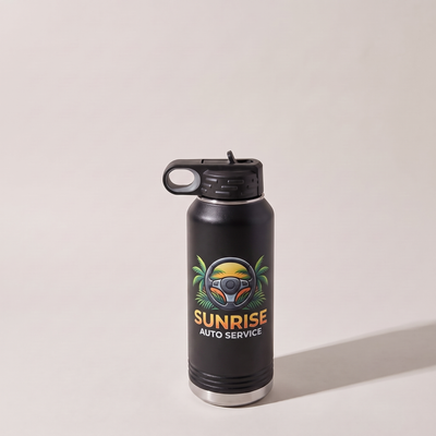 32oz Water Bottle, UV printed with a sample business logo (studio photo)