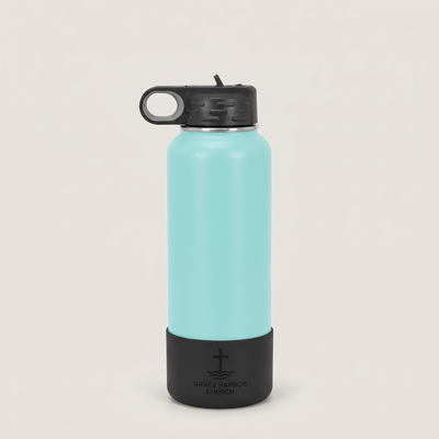 Water Bottle Boot 40oz with a custom laser-engraved logo, studio photo | Karved Concepts