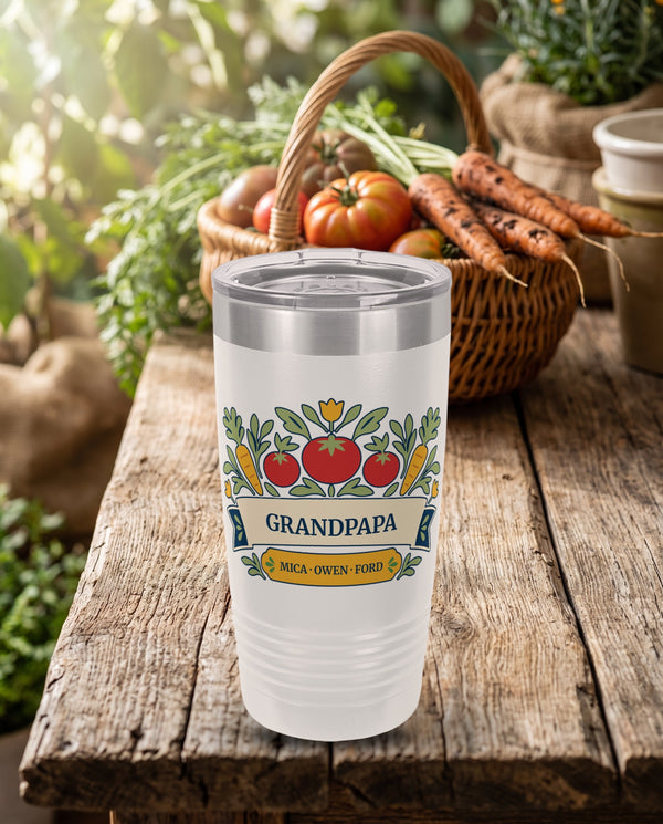 Kitchen Garden, a vegetable garden in red, gold, cream, navy and sage, UV printed on the front of a 20oz Ringneck tumbler in White, sample name GRANDPAPA