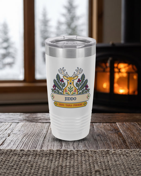 Folk Deer, a folk deer and pine boughs in gold, cream, red, navy and sage, UV printed on the front of a 20oz Ringneck tumbler in White, sample name JIDDO