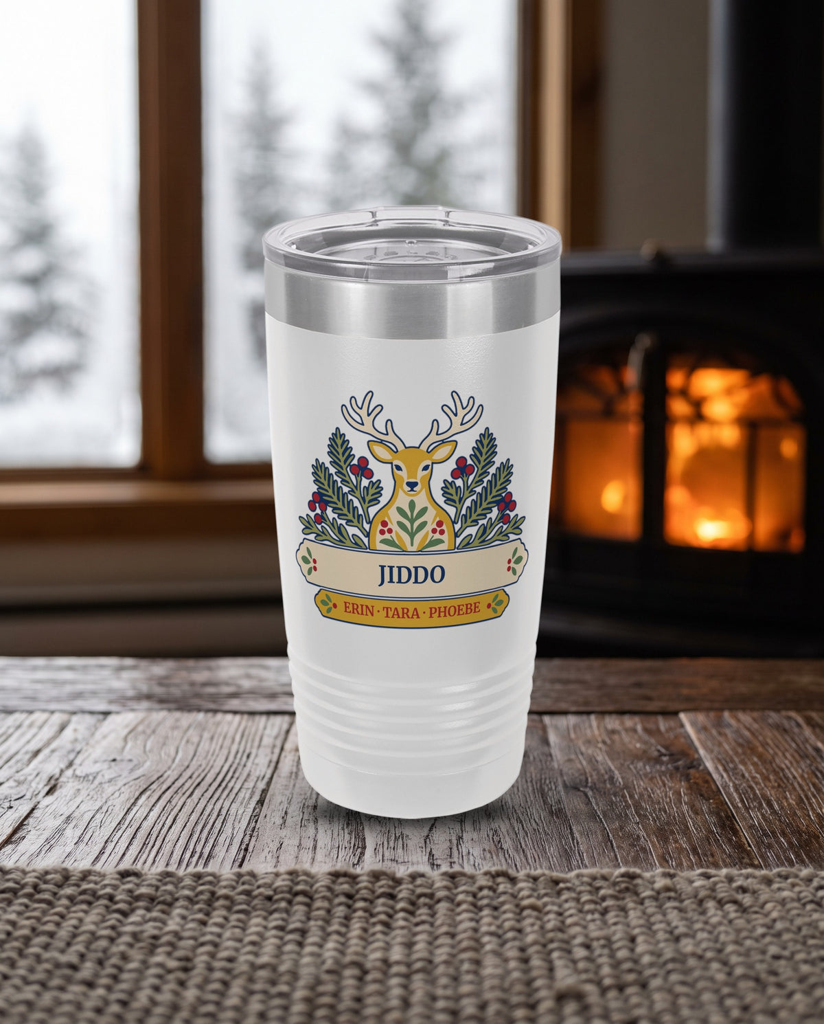 Folk Deer, a folk deer and pine boughs in gold, cream, red, navy and sage, UV printed on the front of a 20oz Ringneck tumbler in White, sample name JIDDO