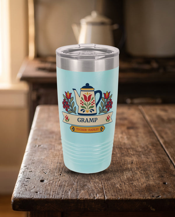 Folk Coffee Pot, a folk coffee pot in cream, navy, red, gold and sage, UV printed on the front of a 20oz Ringneck tumbler in Light Blue, sample name GRAMP