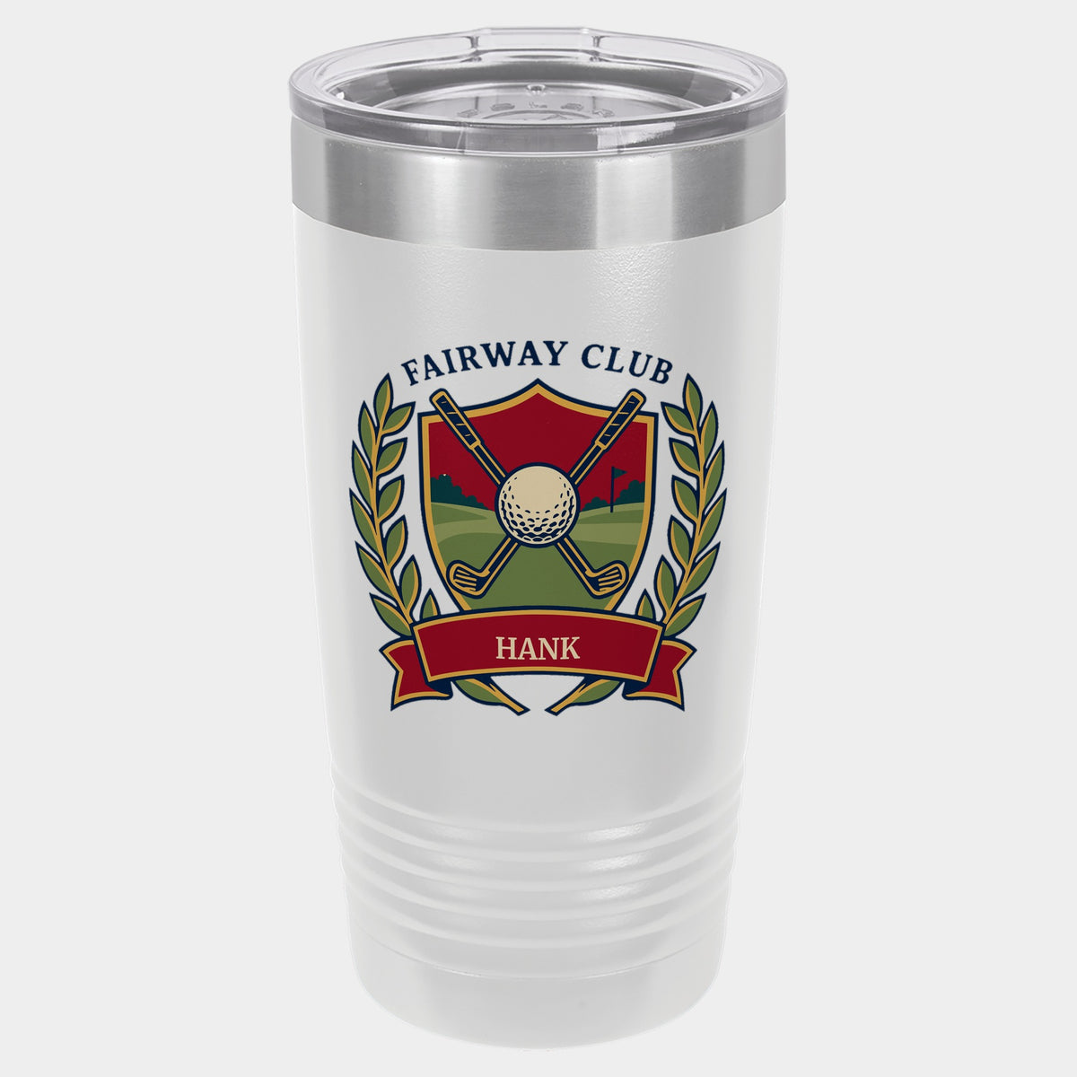 Fairway Club Crest, 20oz Polar Camel Ringneck tumbler in White, navy, red, gold and olive inks, name HANK