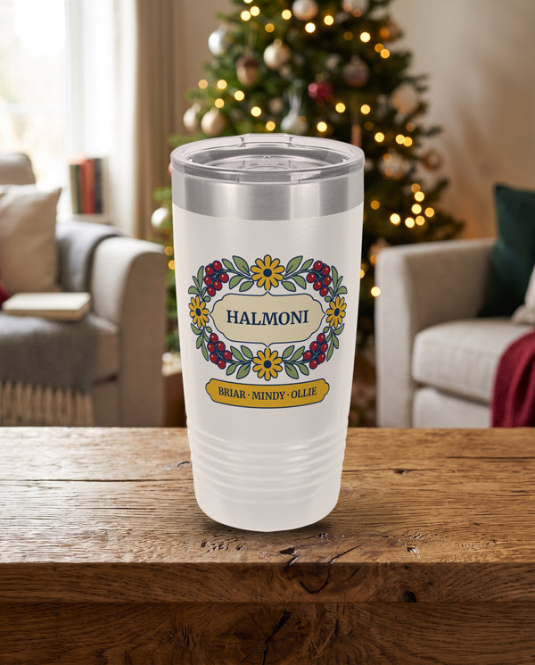 Berry Wreath, a berry and daisy wreath in red, gold, cream and sage, outlined in navy, UV printed on the front of a 20oz Ringneck tumbler in White, sample name HALMONI