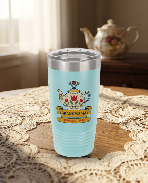 Tulip Teapot, a folk teapot in cream, red, gold and sage, outlined in navy, UV printed on the front of a 20oz Ringneck tumbler in Light Blue, sample name GRANDMAMA