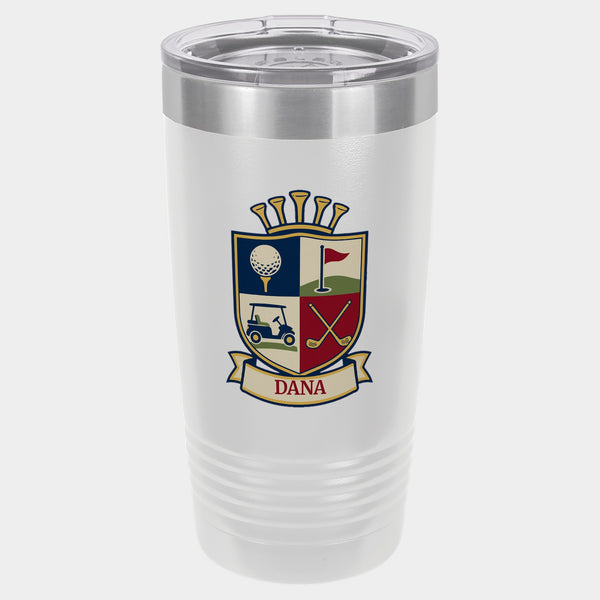 Clubhouse Shield, 20oz Polar Camel Ringneck tumbler in White, navy, red, cream and gold inks, name HANK