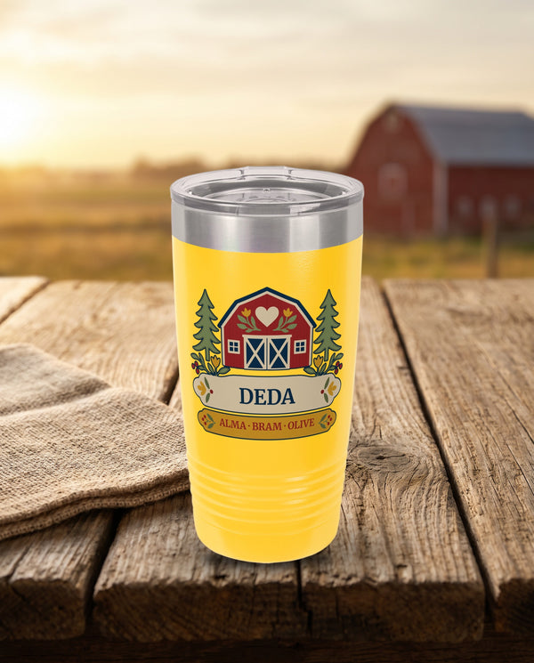 Heart Barn, a red barn and pines in red, cream, gold, navy and sage, UV printed on the front of a 20oz Ringneck tumbler in Yellow, sample name DEDA