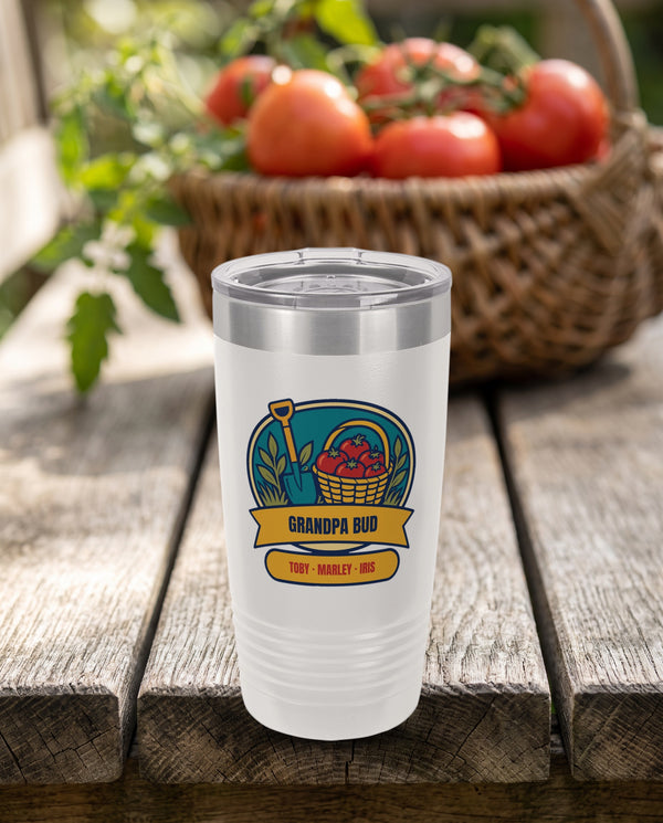Tomato Harvest Badge, a garden badge in teal, red, gold, cream and olive, UV printed on the front of a 20oz Ringneck tumbler in White, sample name GRANDPA BUD