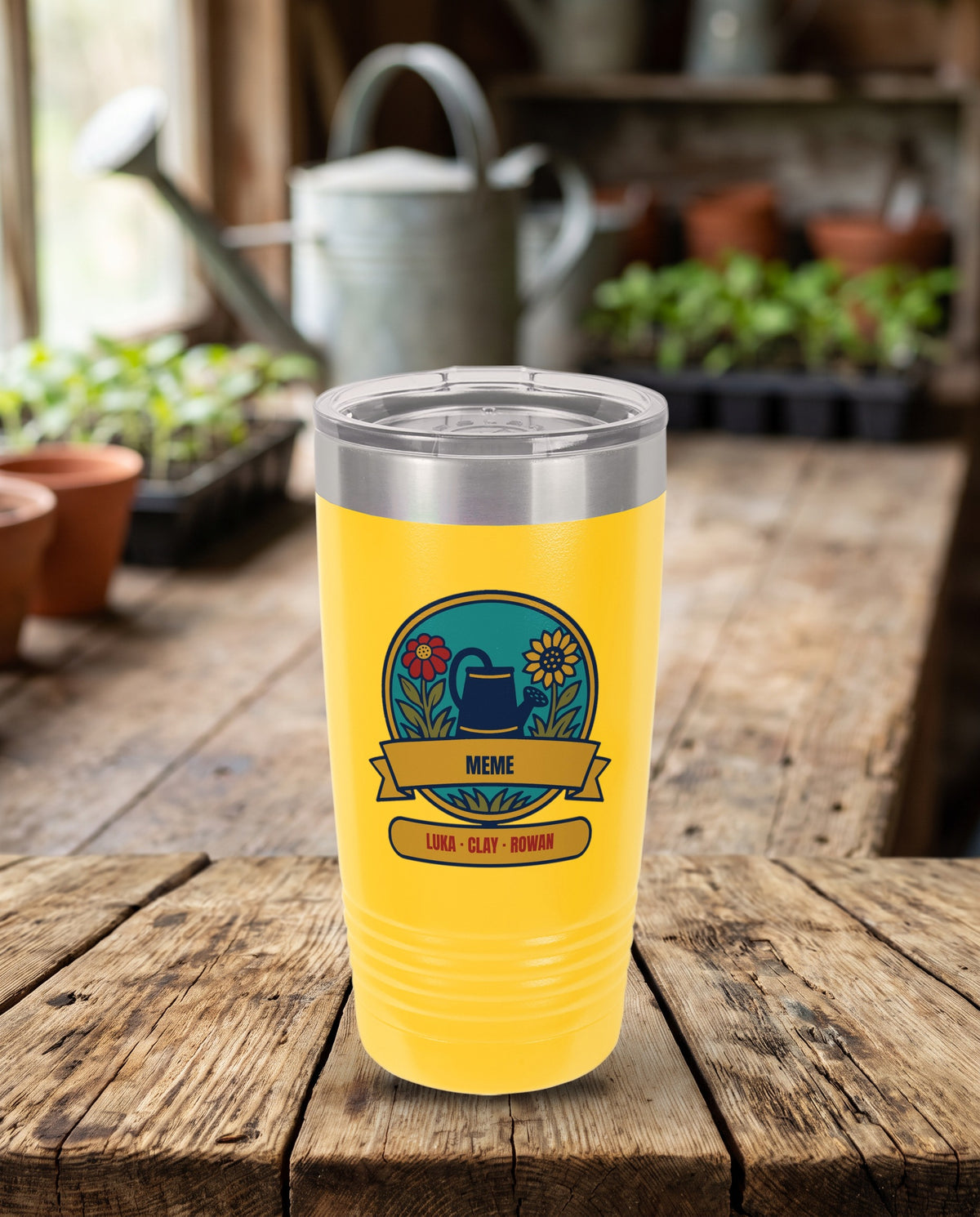 Watering Can Badge, a garden badge in teal, navy, red, gold and olive, UV printed on the front of a 20oz Ringneck tumbler in Yellow, sample name MEME