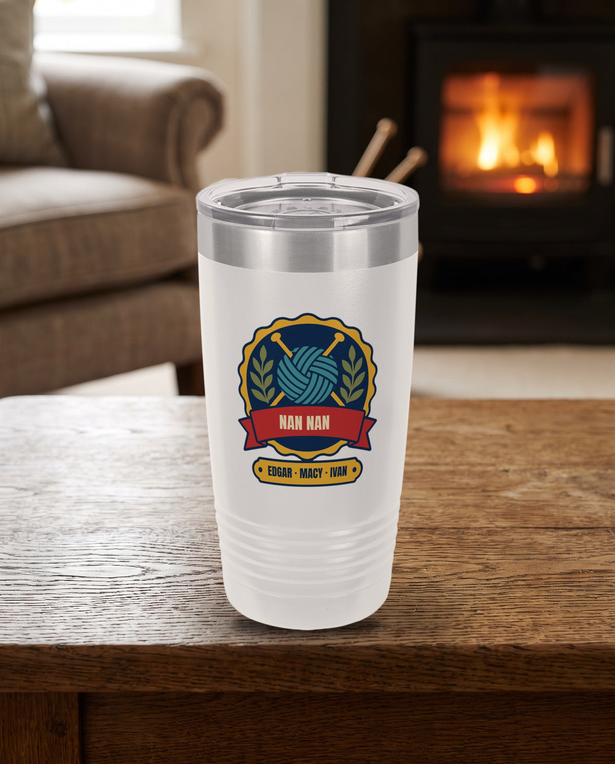 Knitting Badge, a knitting badge in navy, teal, red, gold and olive, UV printed on the front of a 20oz Ringneck tumbler in White, sample name NAN NAN