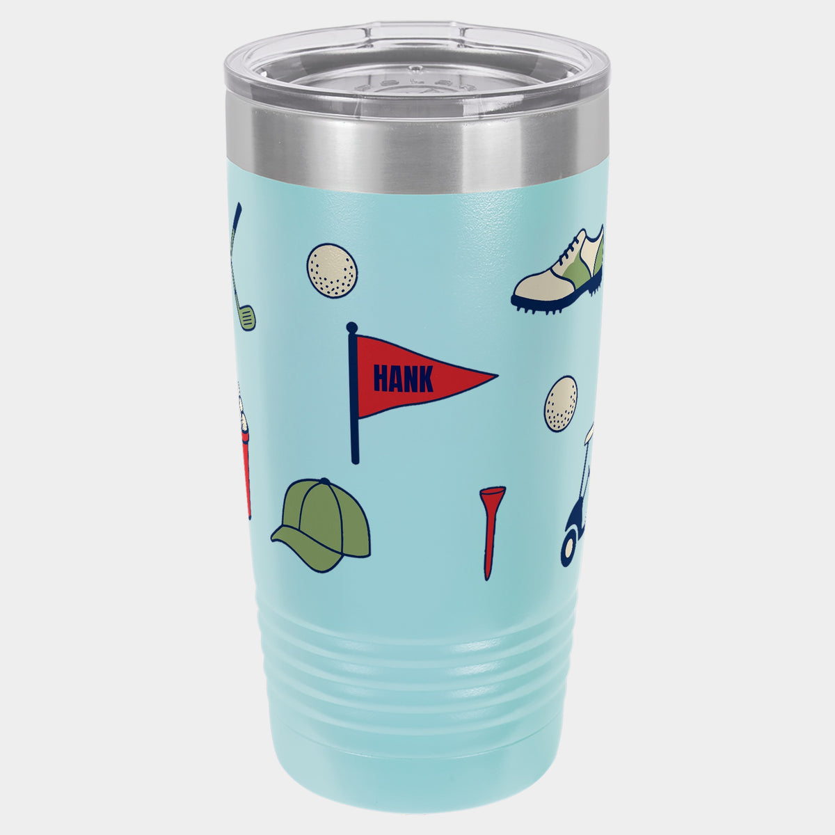 Bag Drop Pennant, 20oz Polar Camel Ringneck tumbler in Light Blue, navy, red, cream and sage inks, name HANK