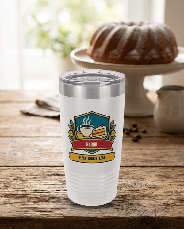 Coffee and Cake Badge, a coffee and cake badge in teal, red, cream, gold and olive, UV printed on the front of a 20oz Ringneck tumbler in White, sample name NAINAI