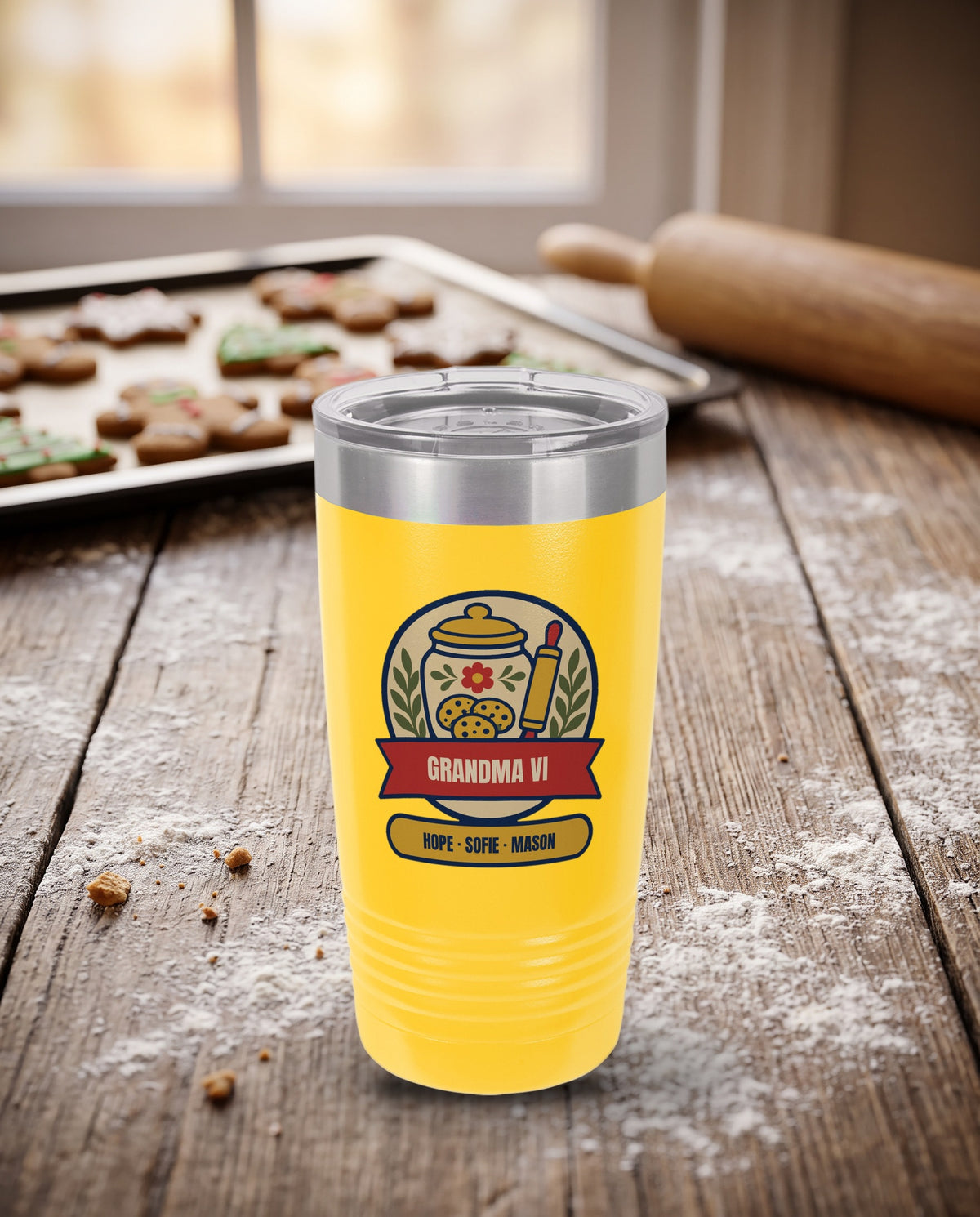 Cookie Jar Badge, a cookie jar badge in cream, gold, red, navy and olive, UV printed on the front of a 20oz Ringneck tumbler in Yellow, sample name GRANDMA VI