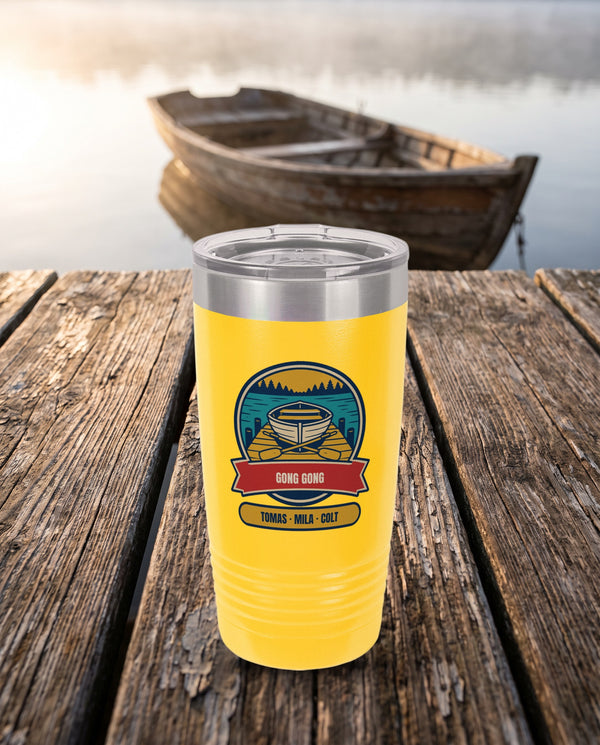 Rowboat Dock Badge, a lake dock badge in teal, gold, cream, red and navy, UV printed on the front of a 20oz Ringneck tumbler in Yellow, sample name GONG GONG