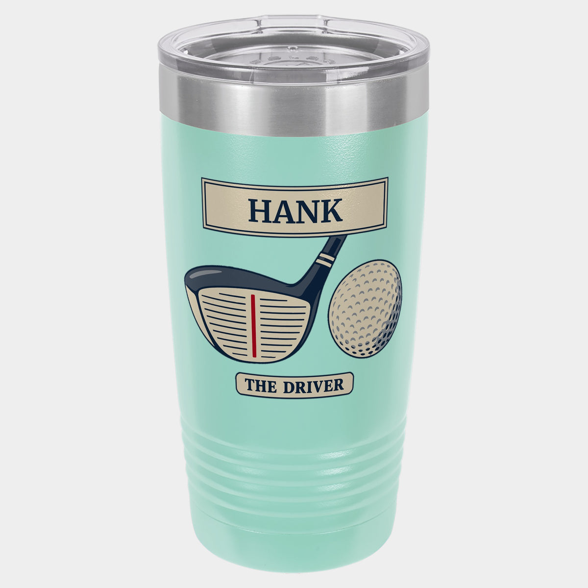 Course Plate Driver, 20oz Polar Camel Ringneck tumbler in Teal, navy, slate and cream inks, name HANK