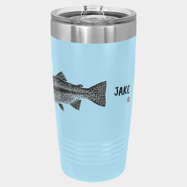 Gyotaku Rainbow Trout print, 20oz Polar Camel Ringneck tumbler in Light Blue, near-black ink, name JAKE