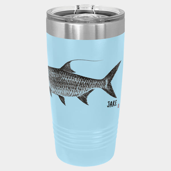 Gyotaku Tarpon print, 20oz Polar Camel Ringneck tumbler in Light Blue, near-black ink, name JAKE