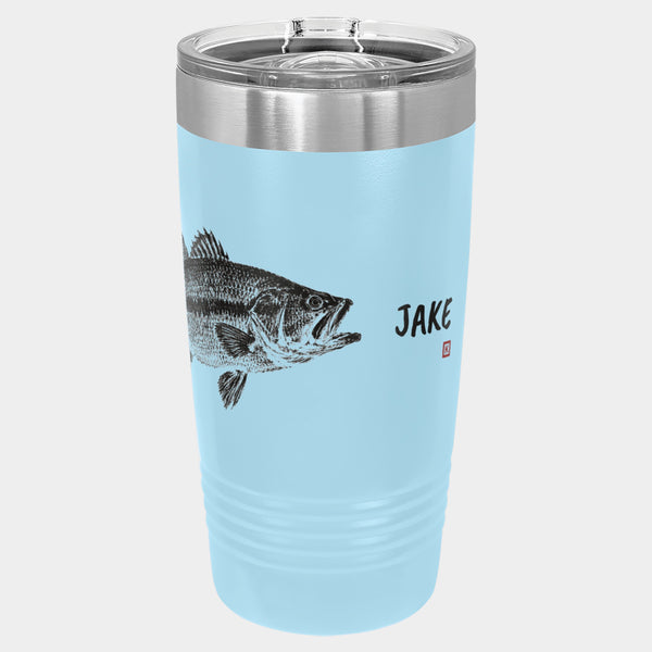 Gyotaku Bass print, 20oz Polar Camel Ringneck tumbler in Light Blue, near-black ink, name JAKE