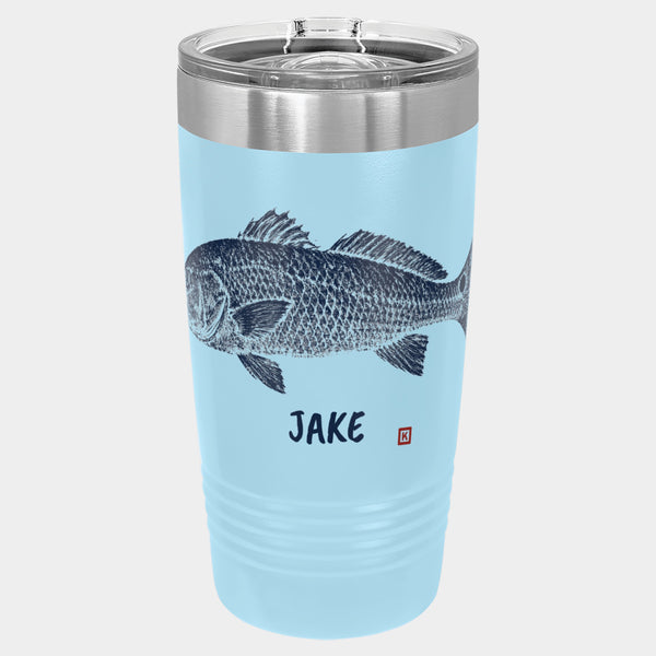 Gyotaku Redfish print, 20oz Polar Camel Ringneck tumbler in Light Blue, navy ink, name JAKE