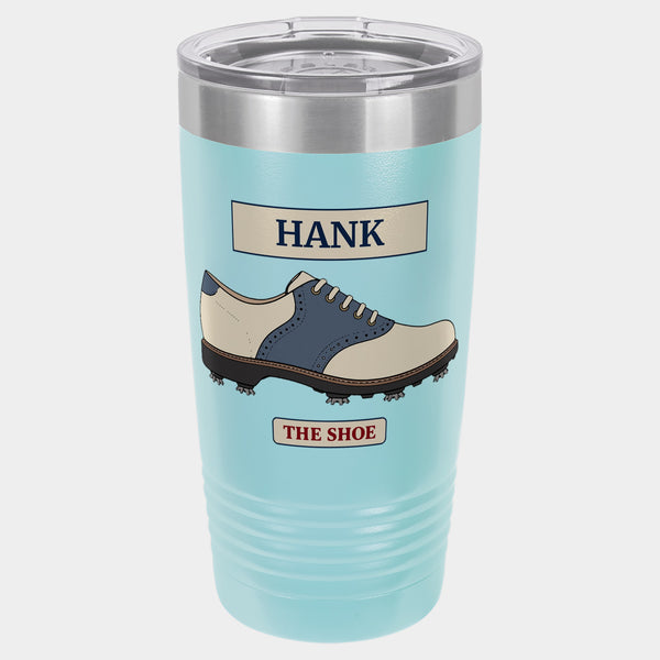 Course Plate Shoe, 20oz Polar Camel Ringneck tumbler in Light Blue, navy, slate, tan and cream inks, name HANK