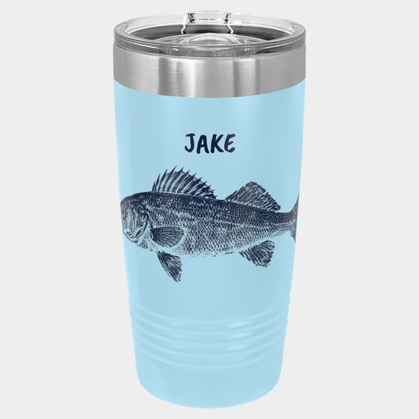 Gyotaku Walleye print, 20oz Polar Camel Ringneck tumbler in Light Blue, deep navy ink, name JAKE
