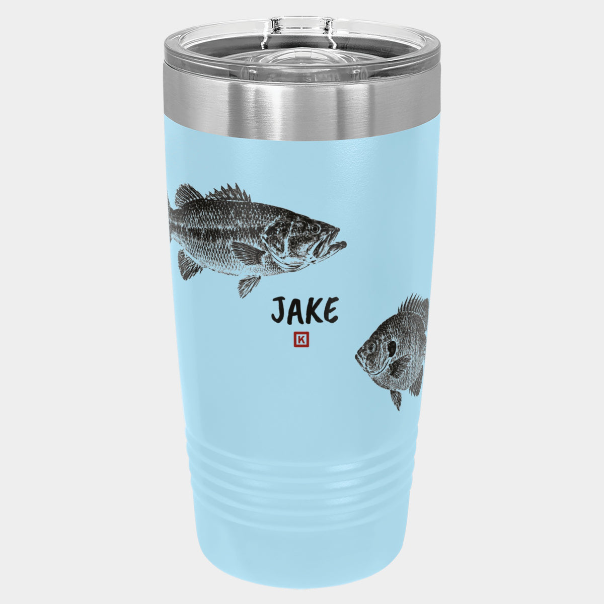 Gyotaku Bass & Bluegill print, 20oz Polar Camel Ringneck tumbler in Light Blue, near-black ink, name JAKE