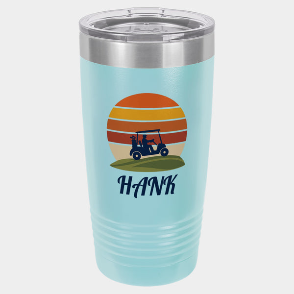 Retro Sunset Cart, 20oz Polar Camel Ringneck tumbler in Light Blue, orange, gold, rust and navy inks, name HANK