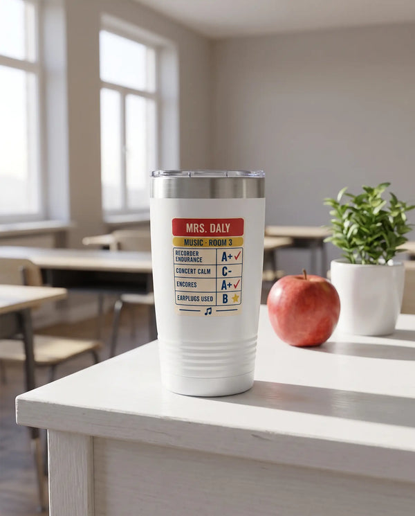 Teacher Report Card, Music badge on a white 20oz tumbler personalized MRS. DALY, MUSIC - ROOM 3, a white-painted teacher's desk by a sunny classroom window