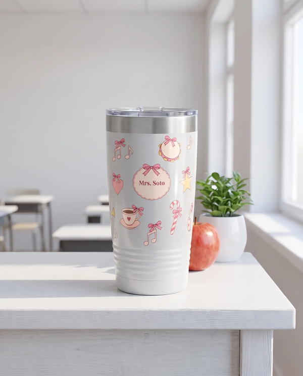 Bow Toss, Music Teacher wrap on a white 20oz tumbler personalized Mrs. Soto, a white-painted teacher's desk by a sunny classroom window