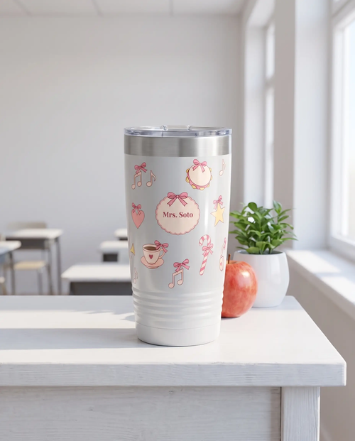 Bow Toss, Music Teacher wrap on a white 20oz tumbler personalized Mrs. Soto, a white-painted teacher's desk by a sunny classroom window