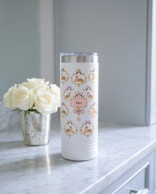 Cheetah Damask, Tall wrap on a white 22oz Skinny tumbler personalized LILA, 2017, a marble vanity top in a softly lit dressing room