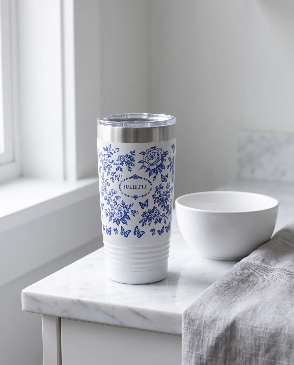 Botanical Toile wrap on a white 20oz tumbler personalized JULIETTE, a farmhouse kitchen counter of white marble