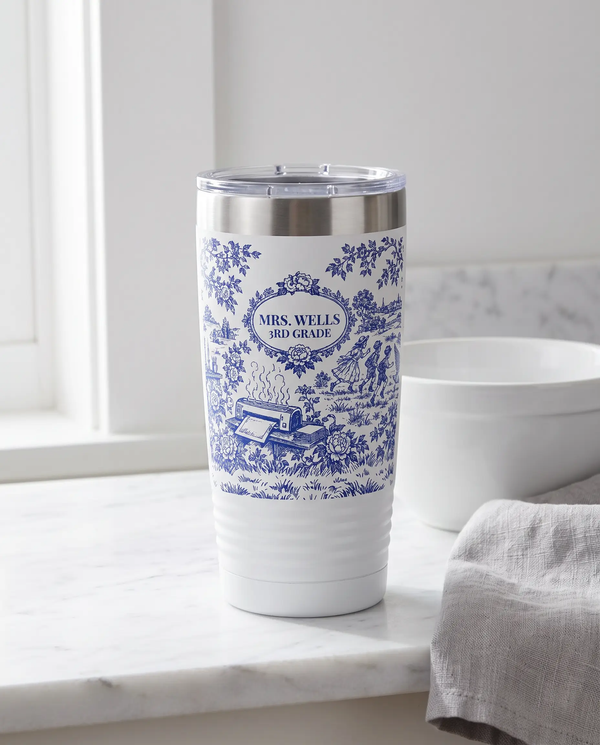 Teacher Life Toile wrap on a white 20oz tumbler personalized MRS. WELLS, 3RD GRADE, a farmhouse kitchen counter of white marble