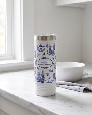Kitchen Toile wrap on a white 22oz Skinny tumbler personalized NANETTE, a farmhouse kitchen counter of white marble