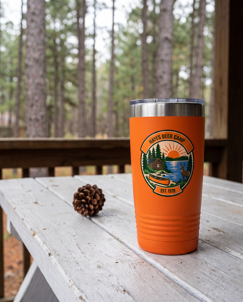 Deer Camp Patch, Lake Cabin badge on an orange 20oz tumbler personalized HAYES DEER CAMP, EST. 1979, a white-painted table on a cabin porch