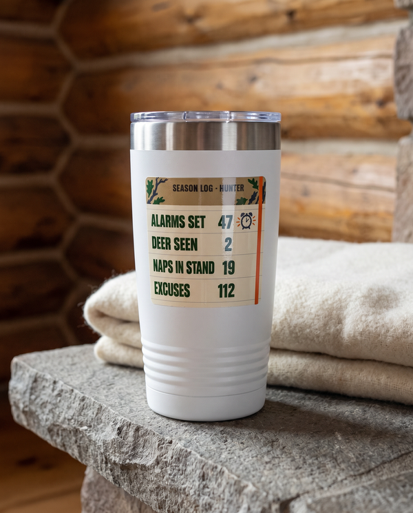 Season Log, Alarms Set badge on a white 20oz tumbler personalized SEASON LOG - HUNTER, a stone hearth ledge in a log cabin