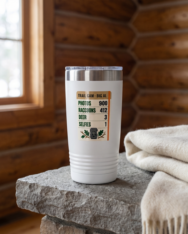 Season Log, Trail Cam badge on a white 20oz tumbler personalized TRAIL CAM - BIG AL, a stone hearth ledge in a log cabin