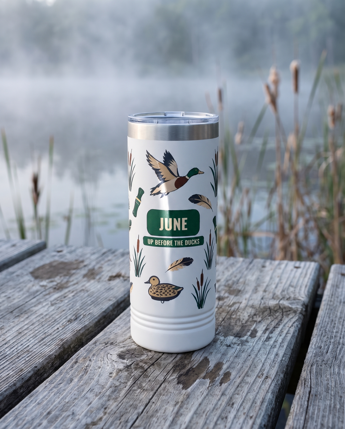 Duck Blind, Up Before the Ducks wrap on a white 22oz Skinny tumbler personalized JUNE, UP BEFORE THE DUCKS, a weathered wooden dock over a misty marsh