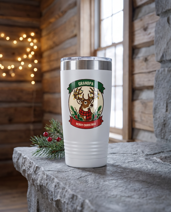 Deer Camp Christmas, String Light Buck badge on a white 20oz tumbler personalized GRANDPA, MERRY CHRISTMAS, a stone mantel in a log cabin at Christmas