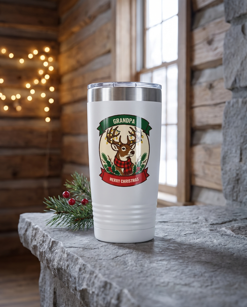 Deer Camp Christmas, String Light Buck badge on a white 20oz tumbler personalized GRANDPA, MERRY CHRISTMAS, a stone mantel in a log cabin at Christmas